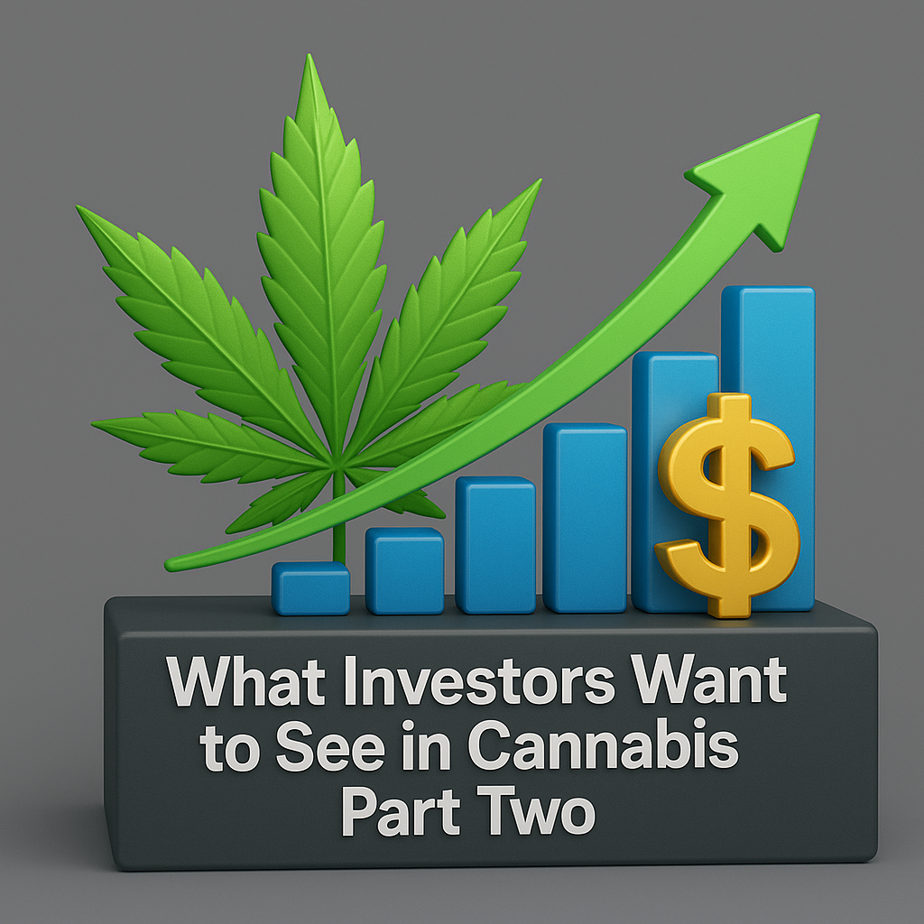 A 3D-rendered scene on a sleek gray platform featuring a glossy green cannabis leaf beside ascending blue bars and a rising green arrow, with a golden dollar sign at the peak. The front of the platform reads in bold white text: “What Investors Want to See in Cannabis Part Two.” Let me know if you'd like any further adjustments!