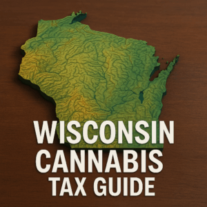 A detailed 3D topographic relief map of the state of Wisconsin rendered on a warm wooden surface. The map shows elevation contours in graduated greens, yellows, and browns, with subtle ridges and valleys visible across the landscape. The Great Lakes shoreline is rendered in a rich blue. Centered in bold, uppercase white letters overlaying the lower portion of the map are the words “WISCONSIN CANNABIS TAX GUIDE.”