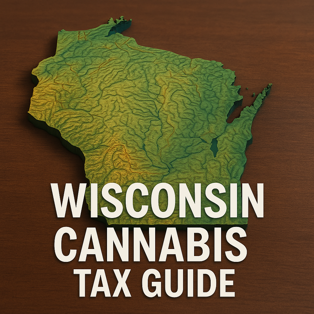 A detailed 3D topographic relief map of the state of Wisconsin rendered on a warm wooden surface. The map shows elevation contours in graduated greens, yellows, and browns, with subtle ridges and valleys visible across the landscape. The Great Lakes shoreline is rendered in a rich blue. Centered in bold, uppercase white letters overlaying the lower portion of the map are the words “WISCONSIN CANNABIS TAX GUIDE.”
