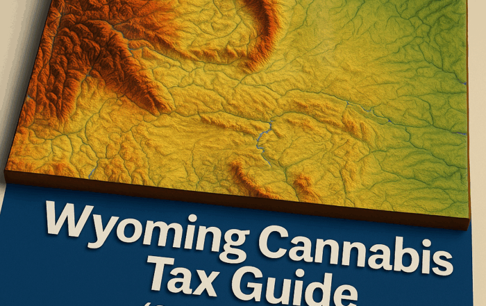 A detailed 3D topographic map of Wyoming showing mountainous terrain in warm hues transitioning to flat plains, with bold white text on a blue banner reading “Wyoming Cannabis Tax Guide (CBD Only) 2025” at the bottom. Sources Ask ChatGPT