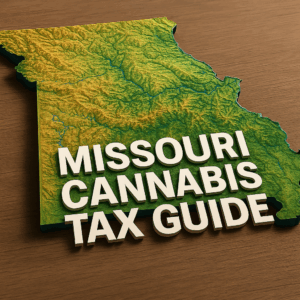 3D-rendered topographic map of Missouri showing detailed elevation changes in green and yellow tones, placed on a wooden surface. Bold white 3D text in the foreground reads "MISSOURI CANNABIS TAX GUIDE."