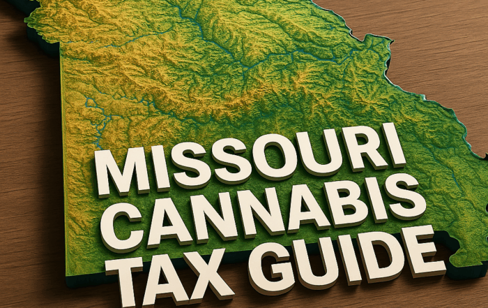 3D-rendered topographic map of Missouri showing detailed elevation changes in green and yellow tones, placed on a wooden surface. Bold white 3D text in the foreground reads "MISSOURI CANNABIS TAX GUIDE."