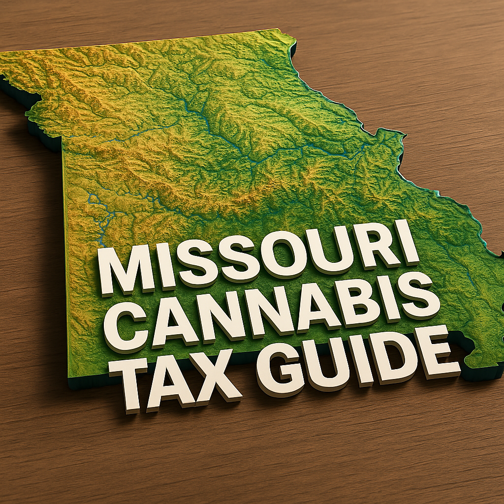 3D-rendered topographic map of Missouri showing detailed elevation changes in green and yellow tones, placed on a wooden surface. Bold white 3D text in the foreground reads "MISSOURI CANNABIS TAX GUIDE."