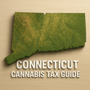 A 3D-rendered topographic map of the state of Connecticut shown from an angled overhead view, with green, brown, and yellow shading to indicate elevation and river valleys. Below the map, large white text reads “Connecticut Cannabis Tax Guide.” The map sits against a light wood–grain background.