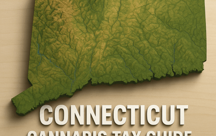 A 3D-rendered topographic map of the state of Connecticut shown from an angled overhead view, with green, brown, and yellow shading to indicate elevation and river valleys. Below the map, large white text reads “Connecticut Cannabis Tax Guide.” The map sits against a light wood–grain background.
