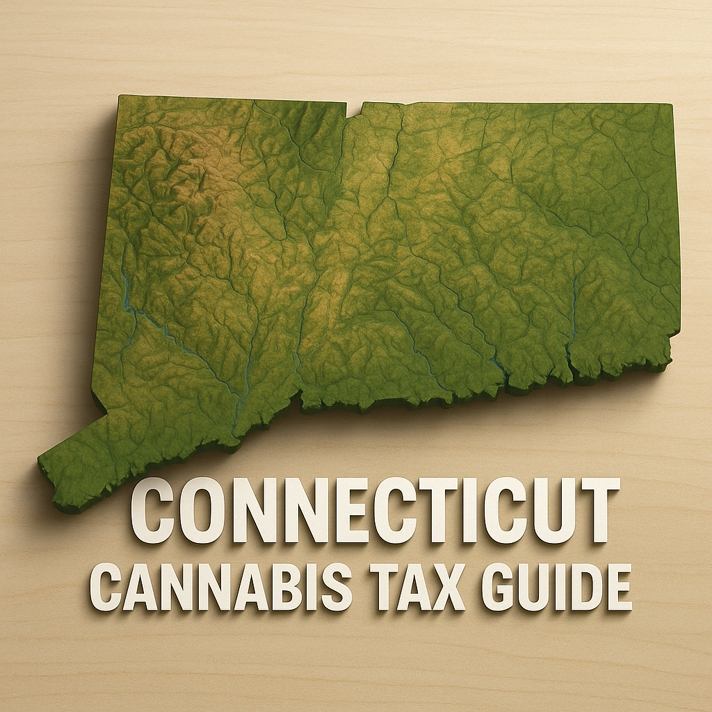 A 3D-rendered topographic map of the state of Connecticut shown from an angled overhead view, with green, brown, and yellow shading to indicate elevation and river valleys. Below the map, large white text reads “Connecticut Cannabis Tax Guide.” The map sits against a light wood–grain background.