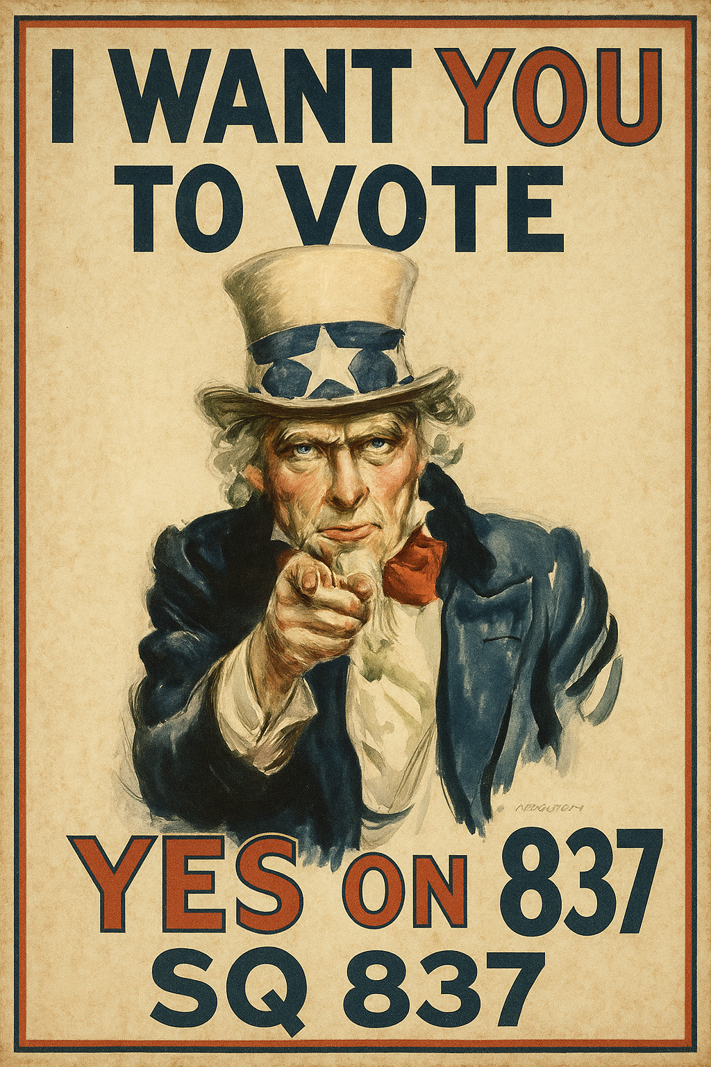 A vintage-style propaganda poster in the Americana tradition. Uncle Sam stands at the center, pointing directly at the viewer. He wears a tall top hat with stars, a blue jacket, and a red bow tie. Bold text above him says, "We Want You," and below, in large capital letters, it says, "Vote YES on SQ 837." The artwork uses a classic red, white, and blue color palette, with a slightly aged, textured background. The poster is framed in a rectangular border within a square image canvas.