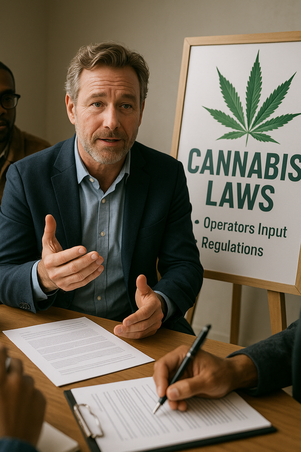 "A middle-aged man in a navy blazer and light blue shirt speaks while gesturing with his hands during a meeting about cannabis legislation. A poster beside him reads 'Cannabis Laws: Operators Input Regulations' with a large green cannabis leaf. In the foreground, two people are writing on documents at the table."