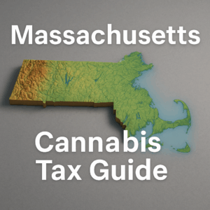 A 3D-rendered topographic map of the state of Massachusetts—shown as a raised, layered relief in green and brown tones—centered on a light gray background, with bold white text reading “Massachusetts” above the map and “Cannabis Tax Guide” below it.