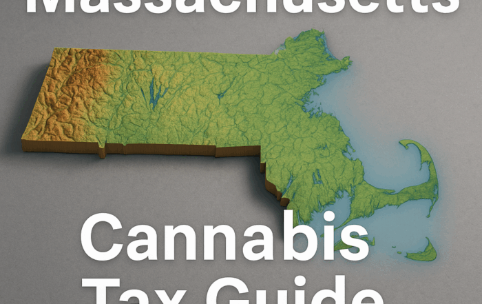 A 3D-rendered topographic map of the state of Massachusetts—shown as a raised, layered relief in green and brown tones—centered on a light gray background, with bold white text reading “Massachusetts” above the map and “Cannabis Tax Guide” below it.