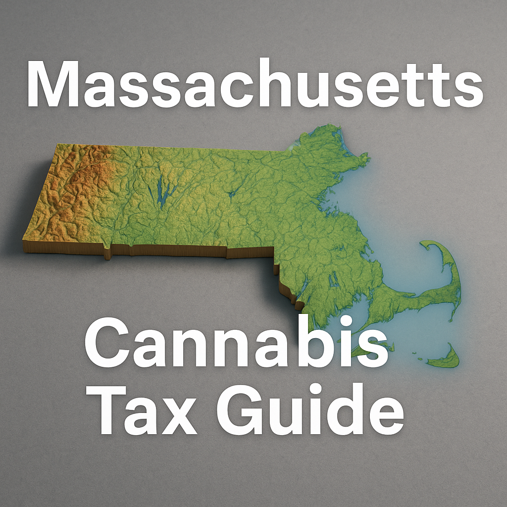 A 3D-rendered topographic map of the state of Massachusetts—shown as a raised, layered relief in green and brown tones—centered on a light gray background, with bold white text reading “Massachusetts” above the map and “Cannabis Tax Guide” below it.