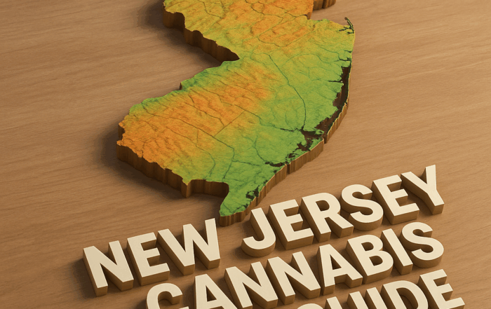 A 3D topographic map of New Jersey sits on a wooden surface, showing elevation changes in green, yellow, and orange tones. Below the map, large block letters in beige read “NEW JERSEY CANNABIS TAX GUIDE.”