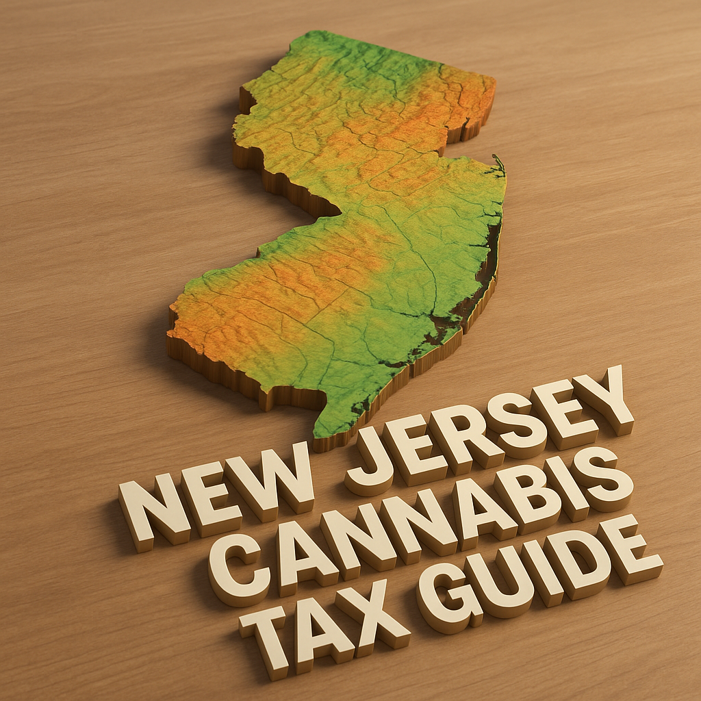 A 3D topographic map of New Jersey sits on a wooden surface, showing elevation changes in green, yellow, and orange tones. Below the map, large block letters in beige read “NEW JERSEY CANNABIS TAX GUIDE.”