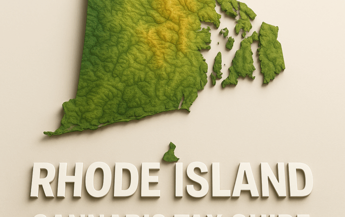 A 3D-rendered topographic map of Rhode Island in shades of green and yellow, showing elevation contours and coastline details. Below the map, large bold white text reads “RHODE ISLAND” and smaller bold white text beneath it reads “CANNABIS TAX GUIDE” on a light beige background.
