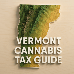 A stylized 3D topographic map of Vermont in shades of green, yellow, and brown on a light wood background, with bold white text overlay reading “Vermont Cannabis Tax Guide.” Ask ChatGPT