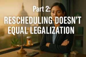 Photorealistic header image of a middle-aged executive seated at a desk; a brass scale balances a cannabis leaf and a prescription bottle in the foreground. Large white headline reads “Part 2: Rescheduling Doesn’t Equal Legalization,” with the U.S. Capitol softly out of focus through the window.