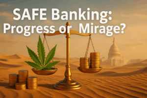 A 3D-rendered digital illustration sized 1920×1080 pixels. In the foreground are polished golden balance scales set on warm desert sands. The left pan holds a large green cannabis leaf; the right pan holds neatly stacked gold coins. Behind the scales, soft sand dunes stretch toward a faint, mirage-like silhouette of the U.S. Capitol under a golden sky. Across the top in bold white letters reads, “SAFE Banking: Progress or Mirage?”