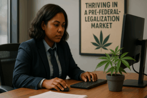 A realistic 3D rendering of a Dominican woman in a navy suit working at a wooden desk in a modern office. She is focused on her computer monitor while using a keyboard and mouse. A small cannabis plant in a pot is on the desk beside her, and a wall poster behind reads 'Thriving in a Pre-Federal-Legalization Market' with a cannabis leaf graphic.