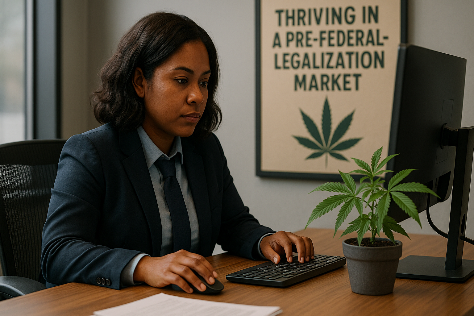 A realistic 3D rendering of a Dominican woman in a navy suit working at a wooden desk in a modern office. She is focused on her computer monitor while using a keyboard and mouse. A small cannabis plant in a pot is on the desk beside her, and a wall poster behind reads 'Thriving in a Pre-Federal-Legalization Market' with a cannabis leaf graphic.