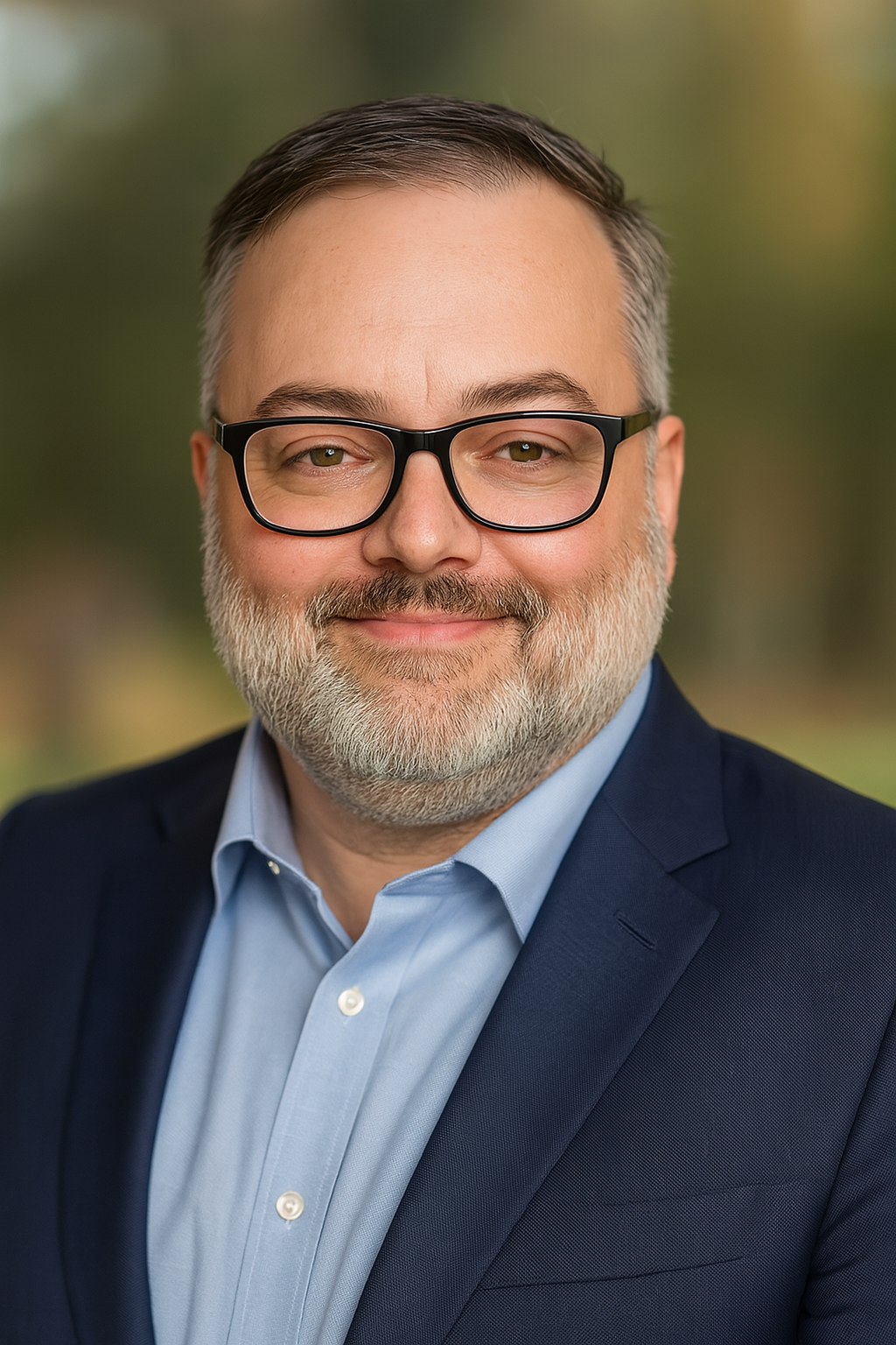 A head-and-shoulders portrait of Thomas Andersen, a smiling middle-aged man with short dark-and-gray hair and a trimmed gray beard, wearing black rectangular glasses, a light blue dress shirt, and a navy blazer, set against a softly blurred outdoor background.