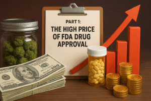 A 3D-rendered digital illustration showing a jar filled with cannabis buds, a stack of $100 bills, a clipboard that reads “Part 1: The High Price of FDA Drug Approval,” a prescription pill bottle filled with yellow tablets, and stacks of gold coins. Behind these items, a red upward-trending bar graph with an arrow symbolizes rising costs, all set against a warm wooden surface and softly lit backdrop.