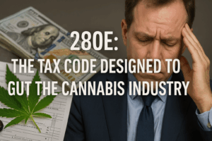 A realistic image showing a stressed businessman in a suit sitting beside a stack of hundred-dollar bills, a cannabis leaf, and tax documents. The text overlaid reads: “280E: The Tax Code Designed to Gut the Cannabis Industry.” The scene conveys financial strain and regulatory pressure on cannabis businesses.