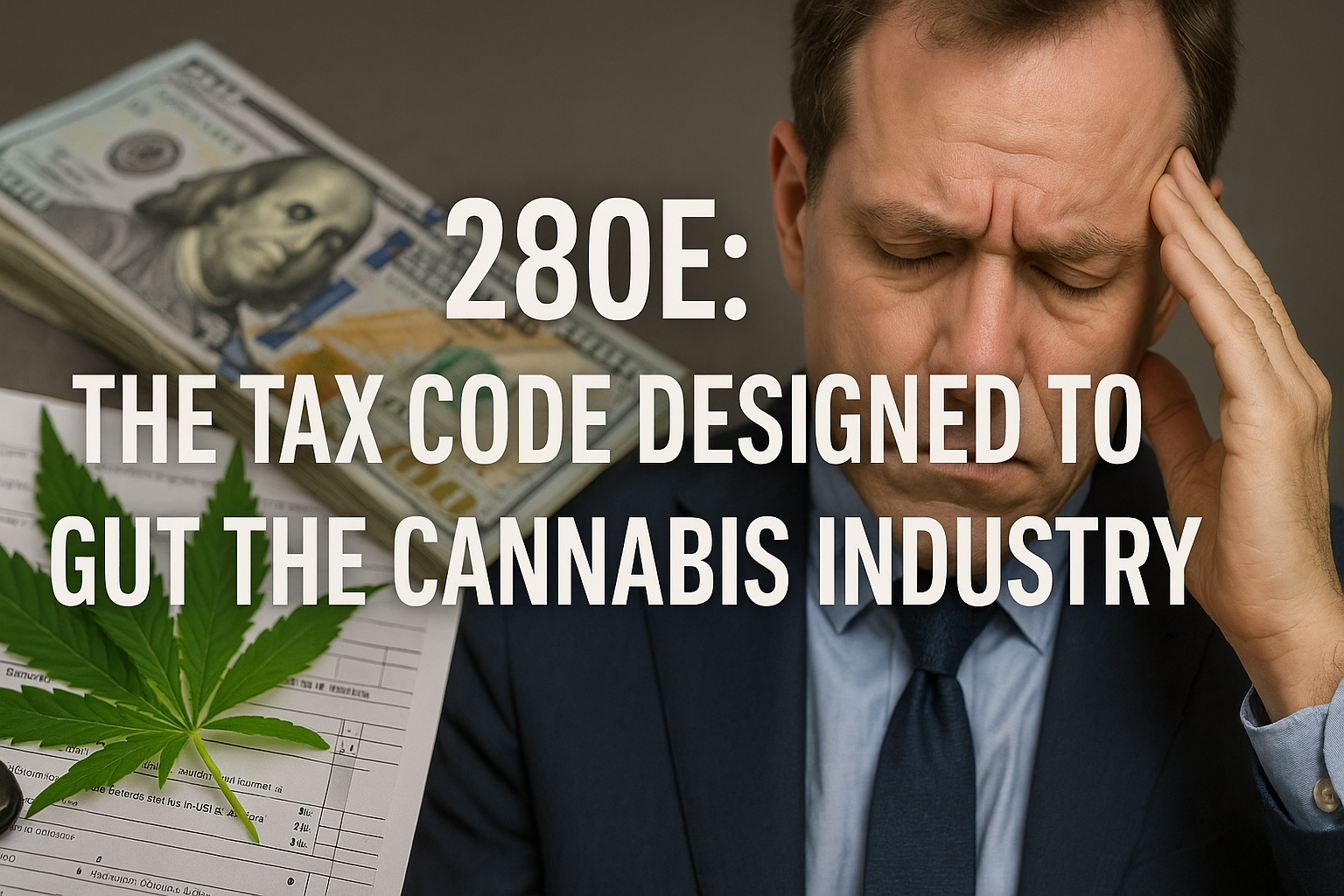 A realistic image showing a stressed businessman in a suit sitting beside a stack of hundred-dollar bills, a cannabis leaf, and tax documents. The text overlaid reads: “280E: The Tax Code Designed to Gut the Cannabis Industry.” The scene conveys financial strain and regulatory pressure on cannabis businesses.