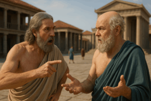 Two elderly Greek philosophers stand in an ancient town square, passionately arguing. One gestures with his hand and points accusingly, while the other spreads his hands defensively. Both wear traditional draped garments, surrounded by stone buildings with columns and red-tiled roofs under a bright, sunny sky.